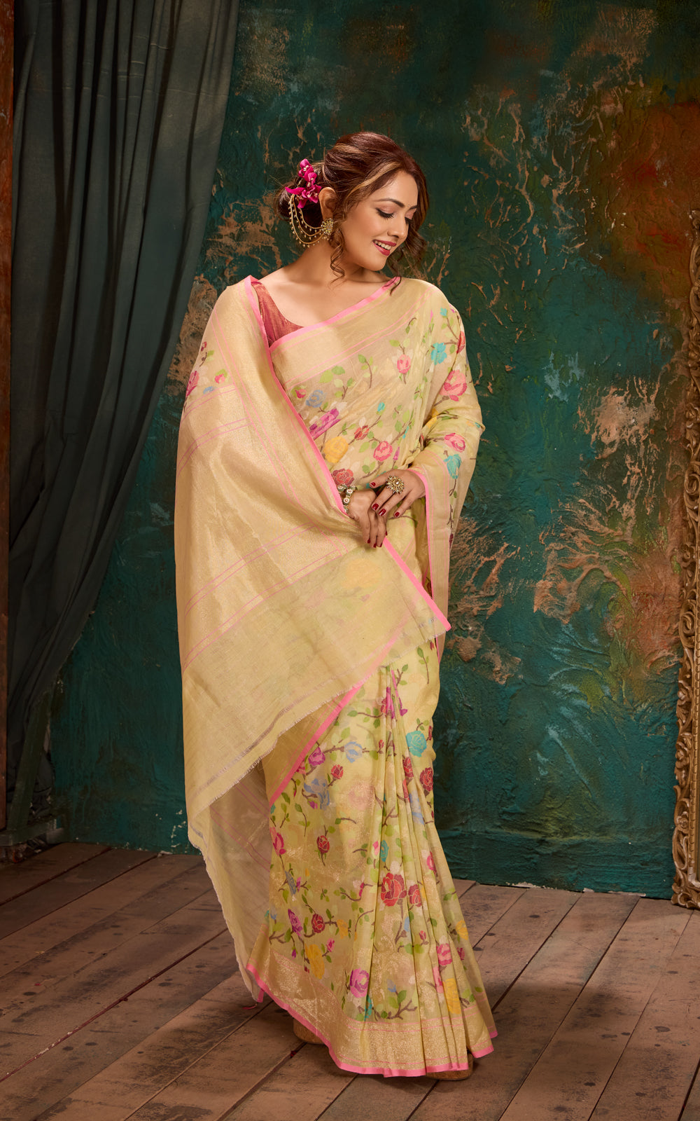 Mild Pista Green Real Zari Banarasi Cotton Saree With Jamdani Weaves