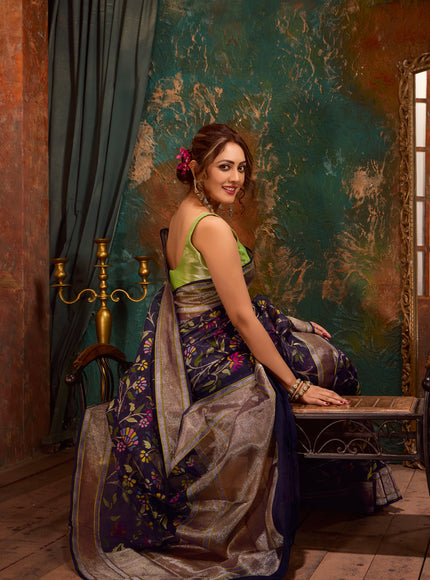 Navy Blue Real Zari Banarasi Kora Saree With Jandani Weaves
