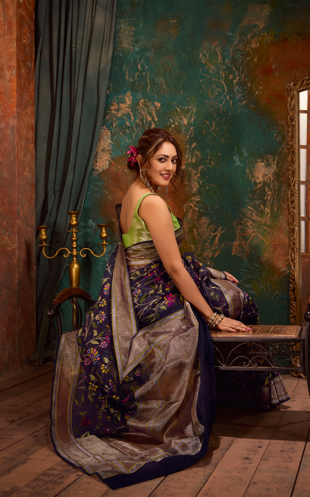Navy Blue Real Zari Banarasi Kora Saree With Jandani Weaves