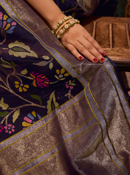 Navy Blue Real Zari Banarasi Kora Saree With Jandani Weaves