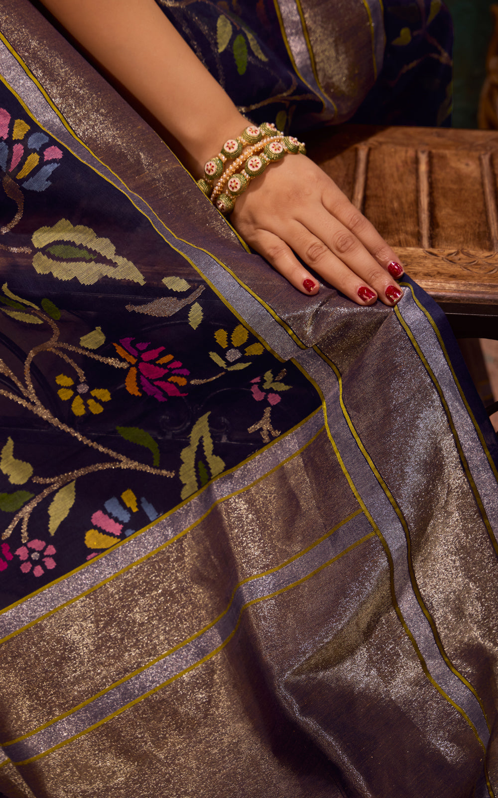 Navy Blue Real Zari Banarasi Kora Saree With Jandani Weaves