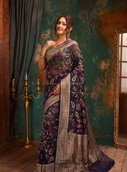 Navy Blue Real Zari Banarasi Kora Saree With Jandani Weaves