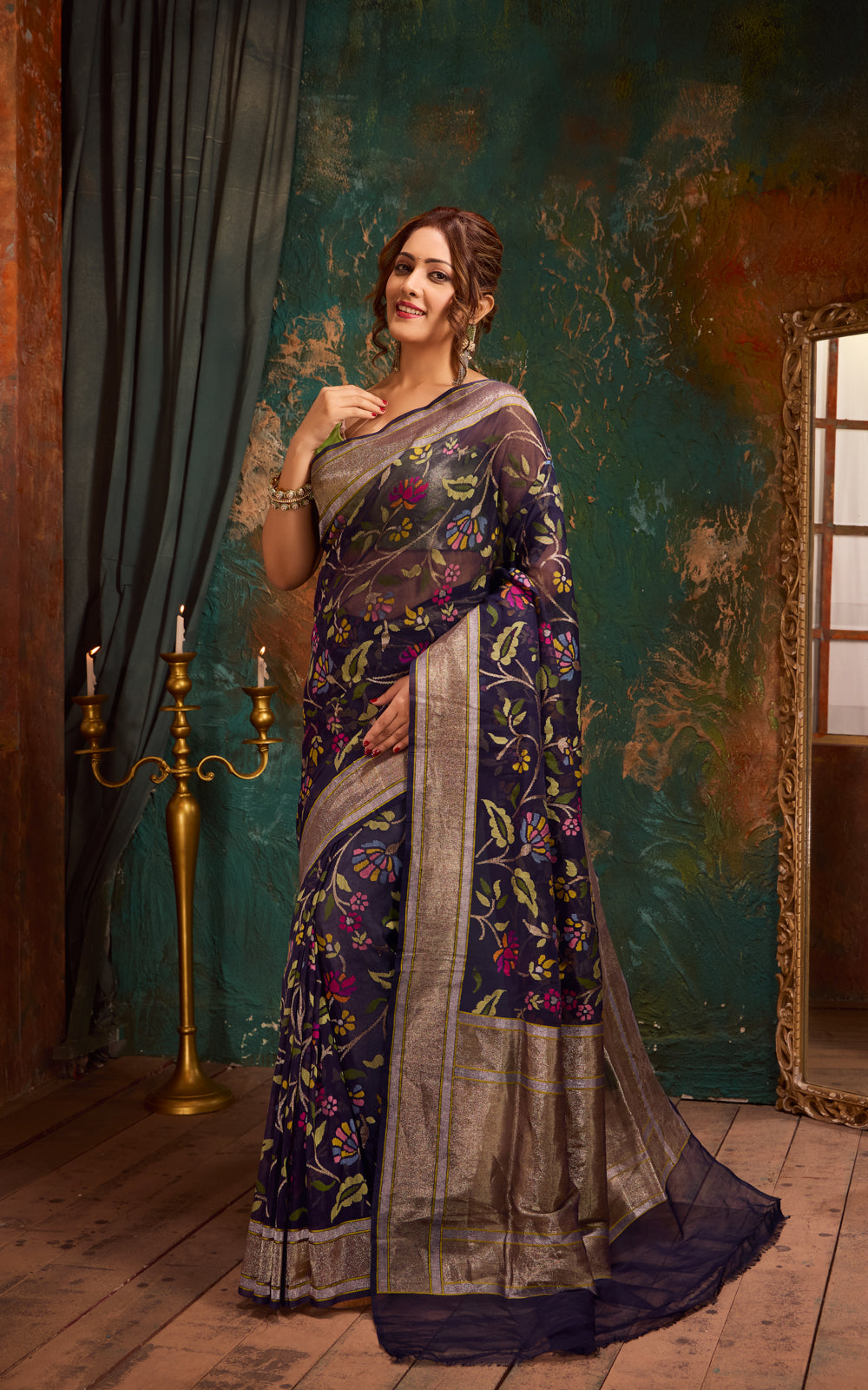 Navy Blue Real Zari Banarasi Kora Saree With Jandani Weaves