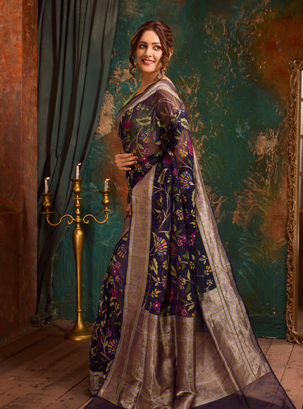 Navy Blue Real Zari Banarasi Kora Saree With Jandani Weaves
