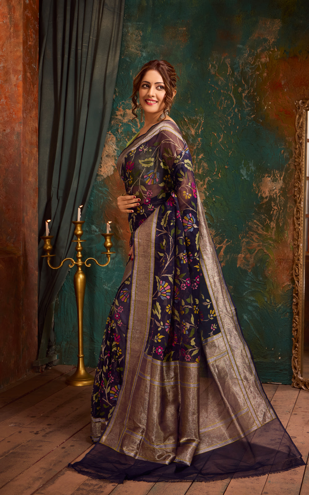 Navy Blue Real Zari Banarasi Kora Saree With Jandani Weaves