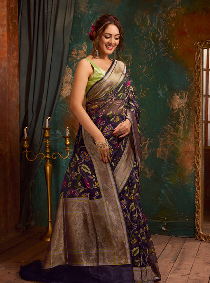 Navy Blue Real Zari Banarasi Kora Saree With Jandani Weaves