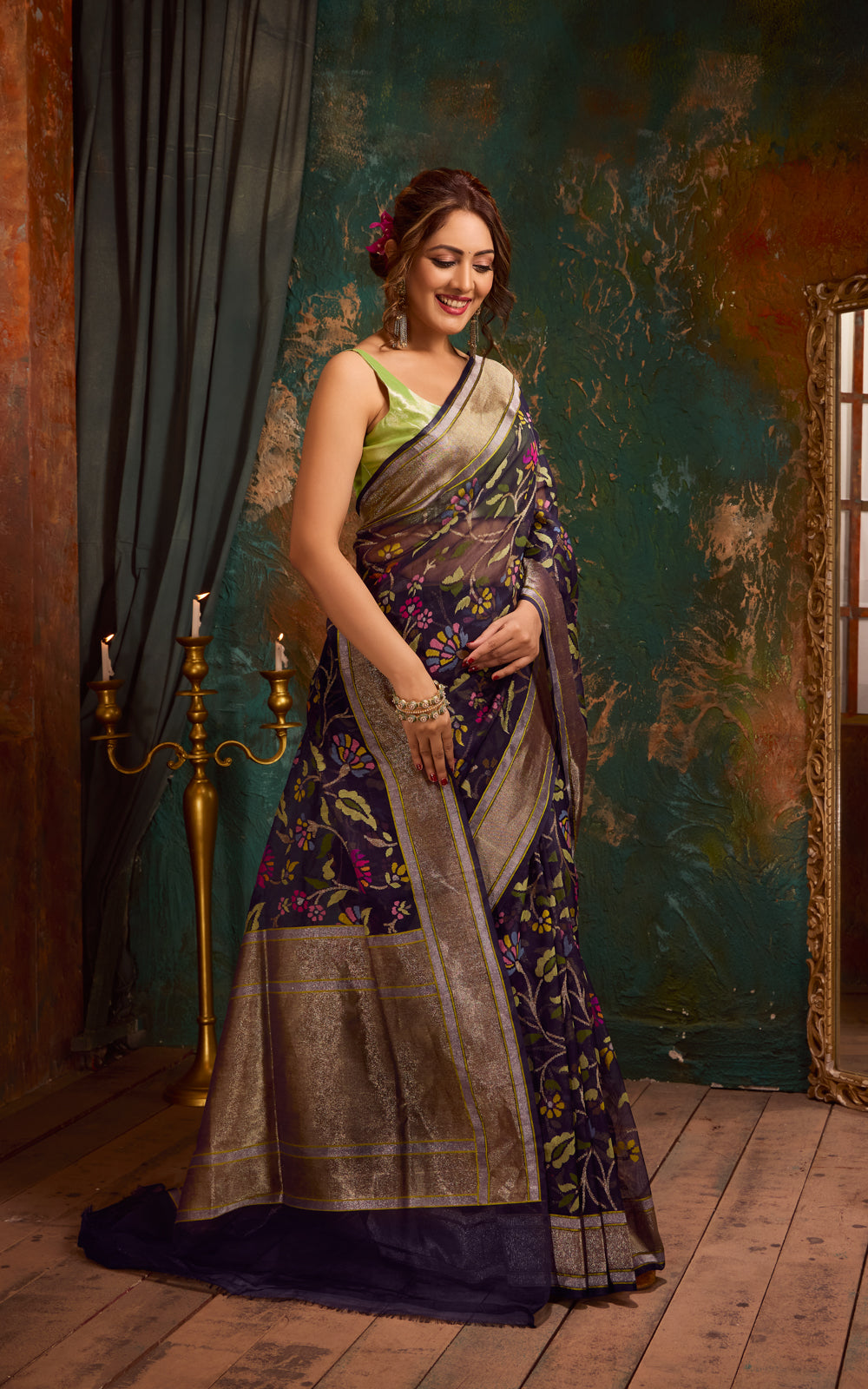 Navy Blue Real Zari Banarasi Kora Saree With Jandani Weaves