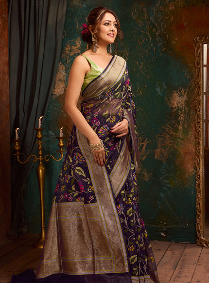 Navy Blue Real Zari Banarasi Kora Saree With Jandani Weaves