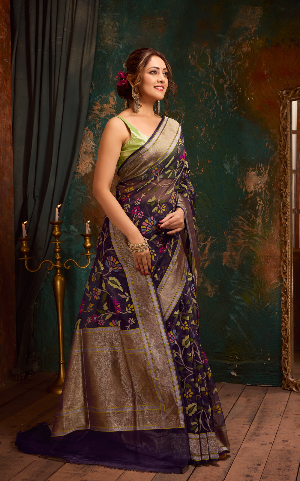 Navy Blue Real Zari Banarasi Kora Saree With Jandani Weaves