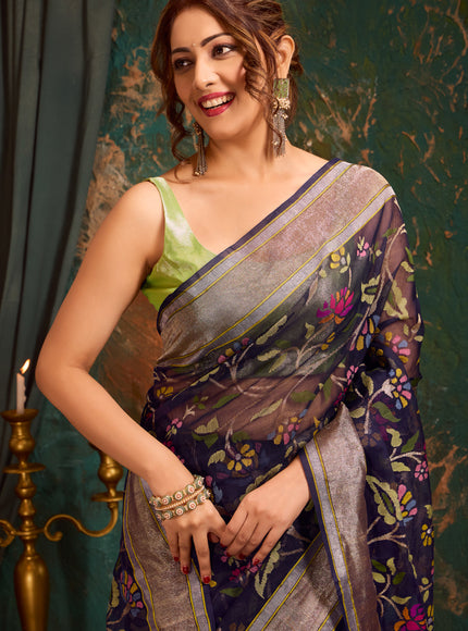 Navy Blue Real Zari Banarasi Kora Saree With Jandani Weaves