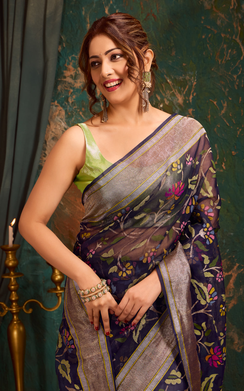 Navy Blue Real Zari Banarasi Kora Saree With Jandani Weaves