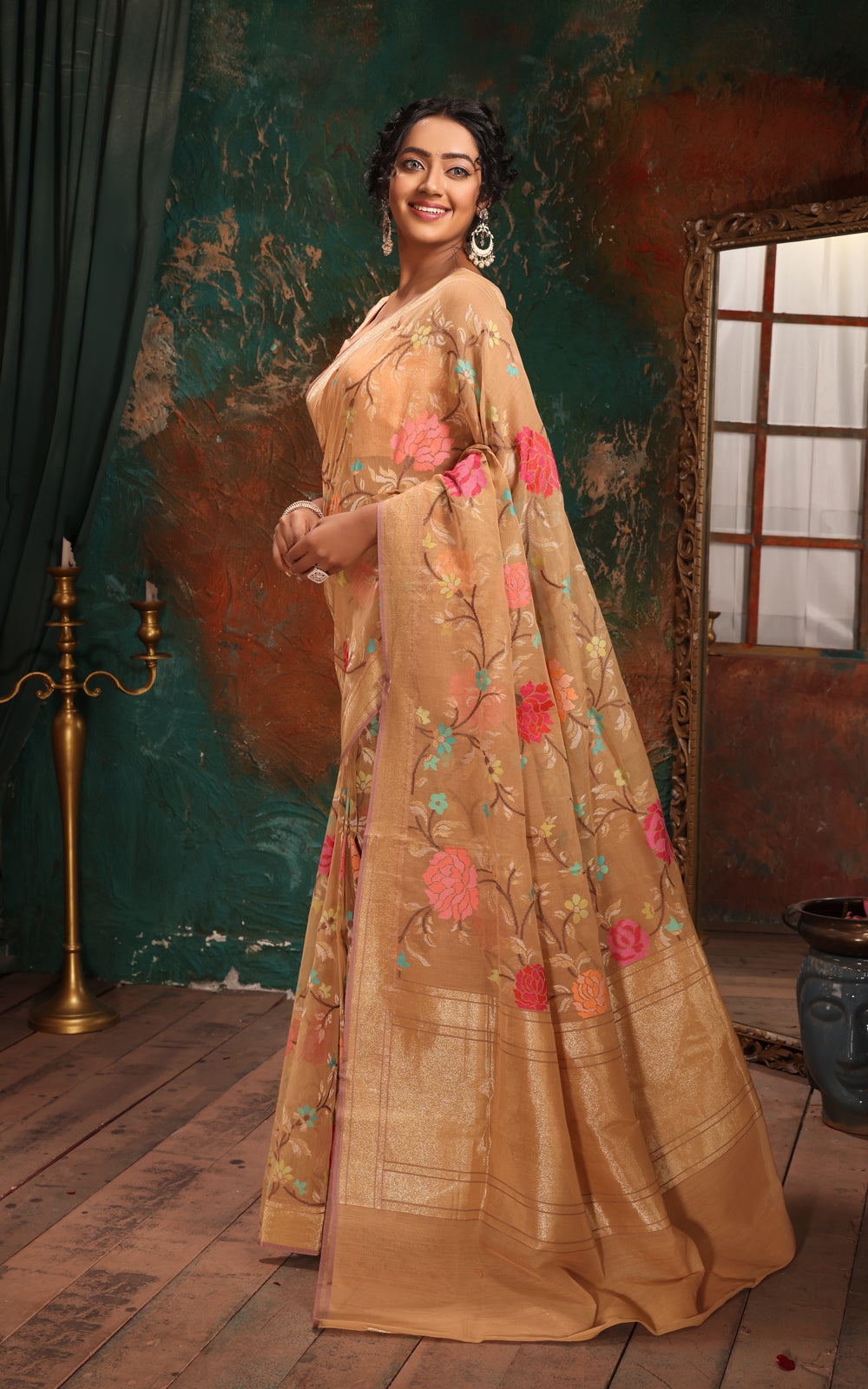 Beige Real Zari Banarasi Cotton Saree With Jamdani Weaves