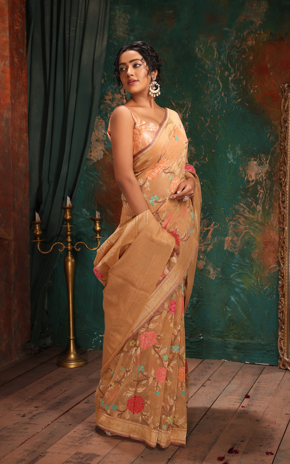 Beige Real Zari Banarasi Cotton Saree With Jamdani Weaves