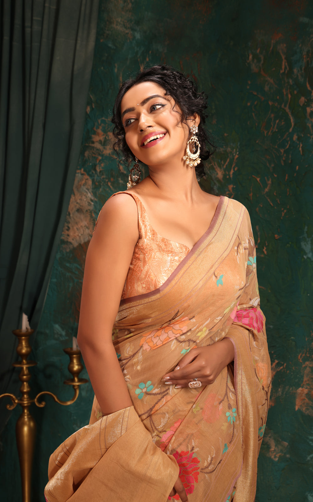 Beige Real Zari Banarasi Cotton Saree With Jamdani Weaves