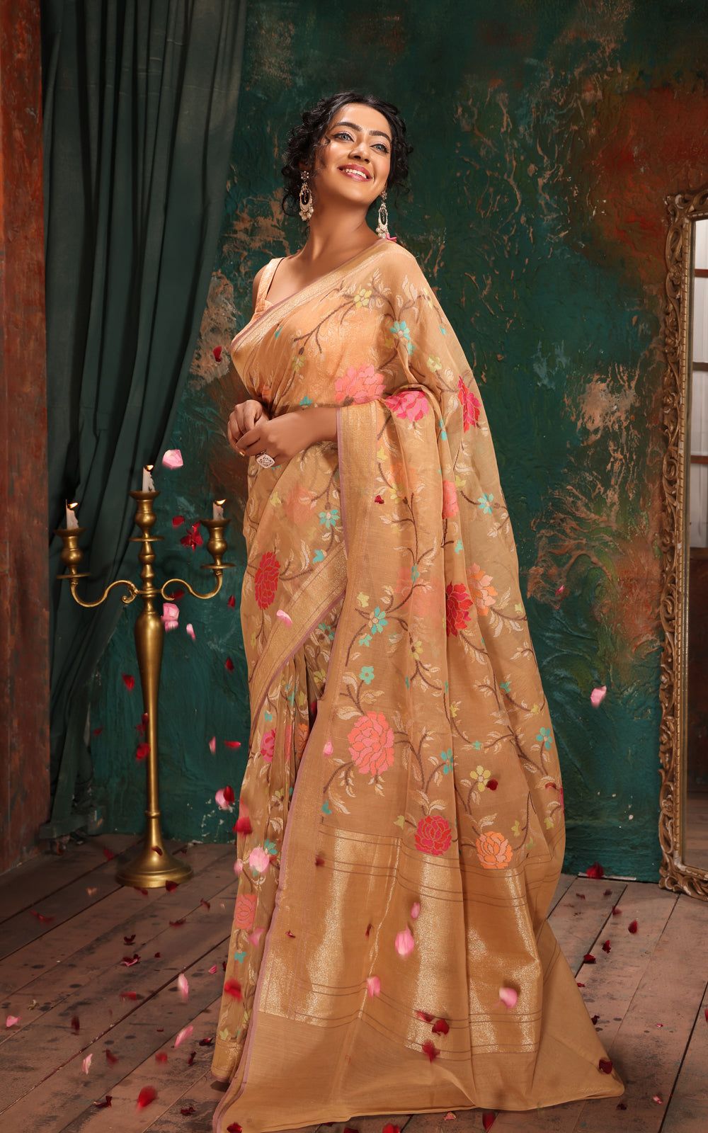 Beige Real Zari Banarasi Cotton Saree With Jamdani Weaves