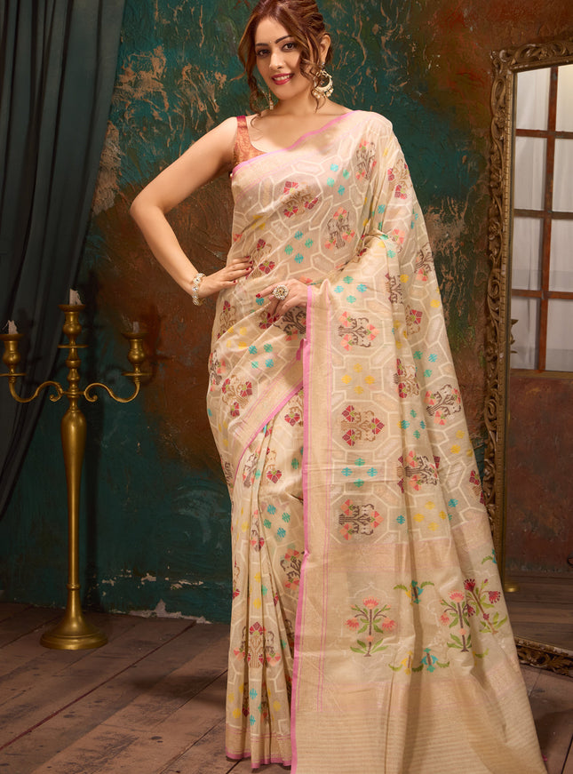 Cream & Pink Real Zari Banarasi Kora Saree With Jandani Weaves