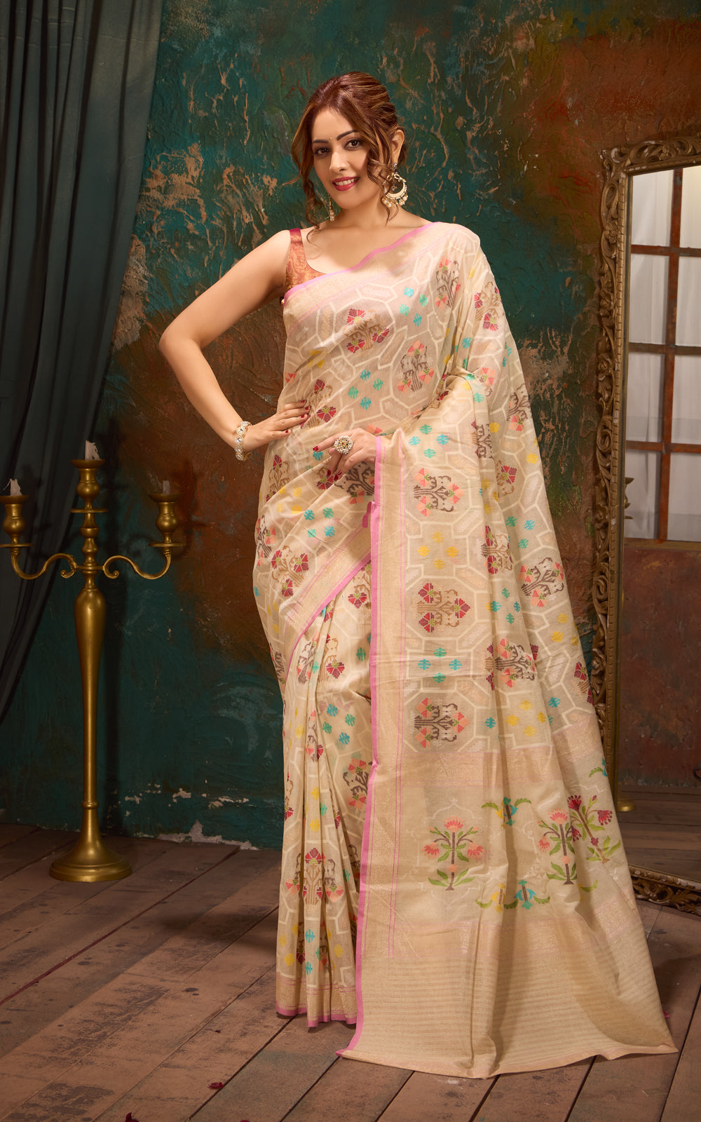 Cream & Pink Real Zari Banarasi Kora Saree With Jandani Weaves