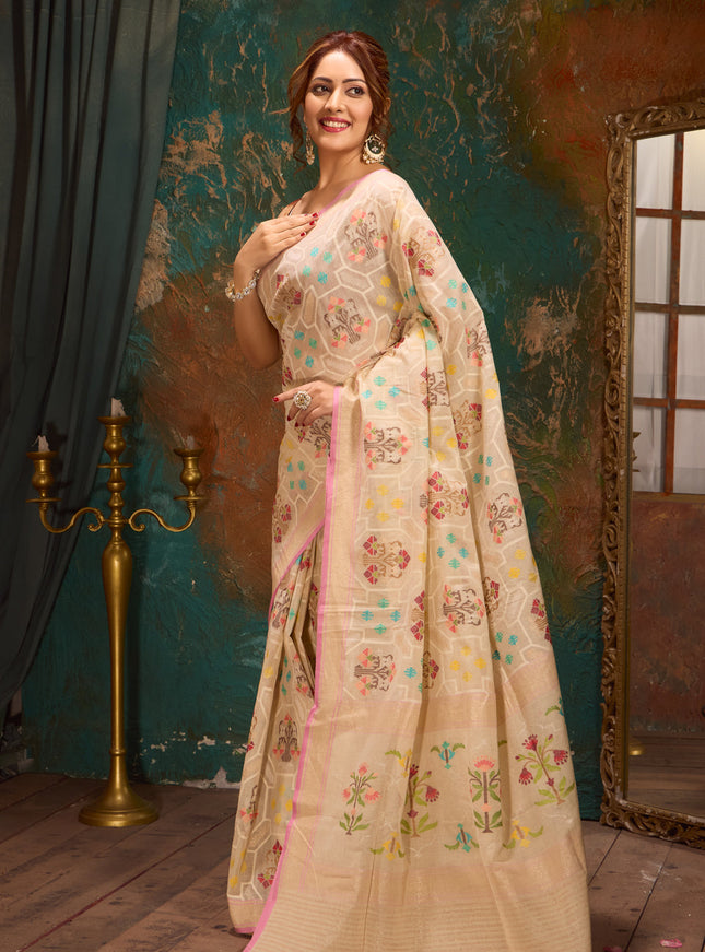 Cream & Pink Real Zari Banarasi Kora Saree With Jandani Weaves