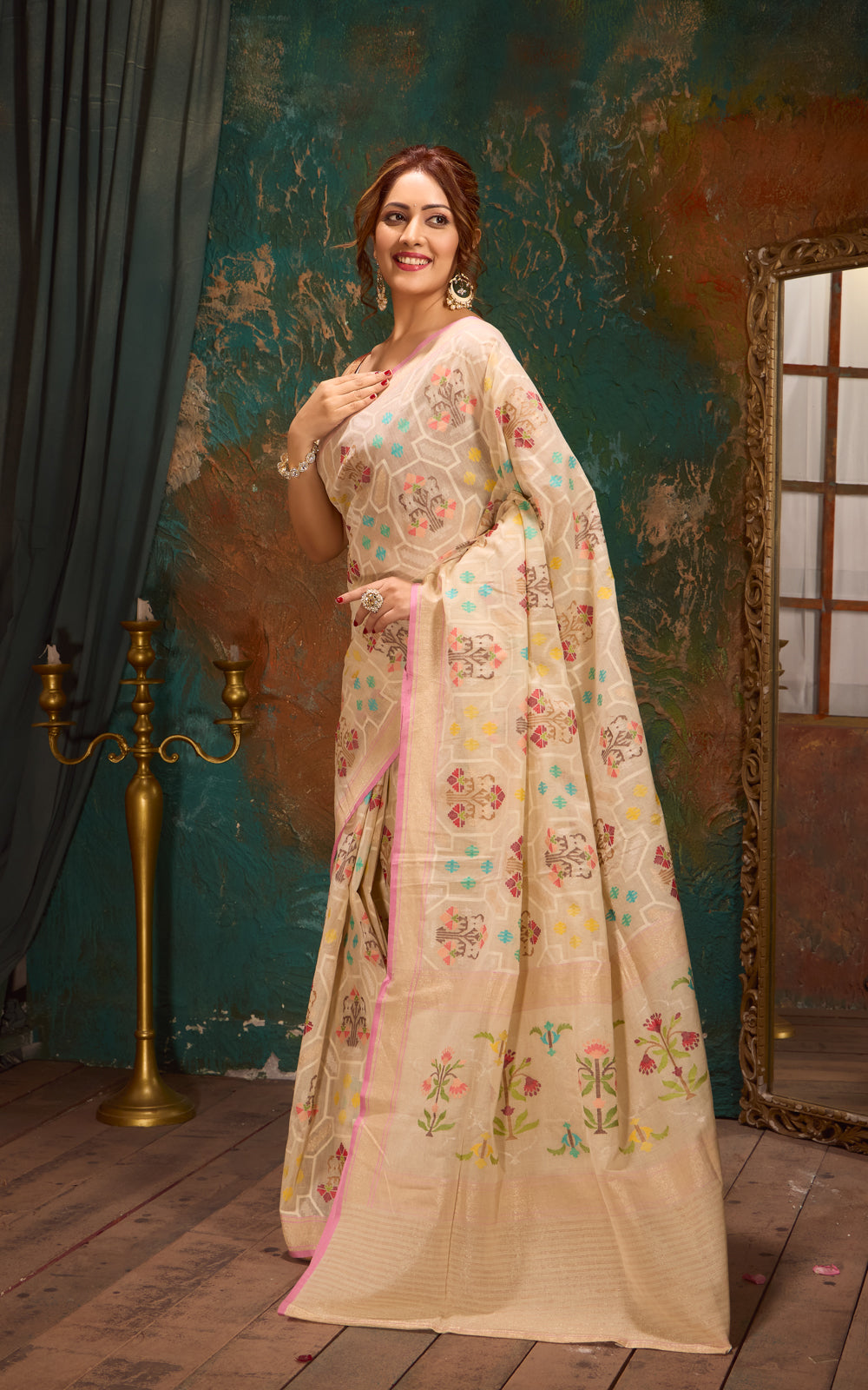 Cream & Pink Real Zari Banarasi Kora Saree With Jandani Weaves
