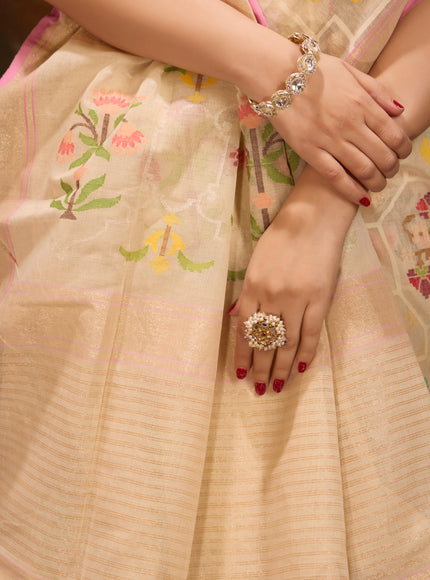Cream & Pink Real Zari Banarasi Kora Saree With Jandani Weaves