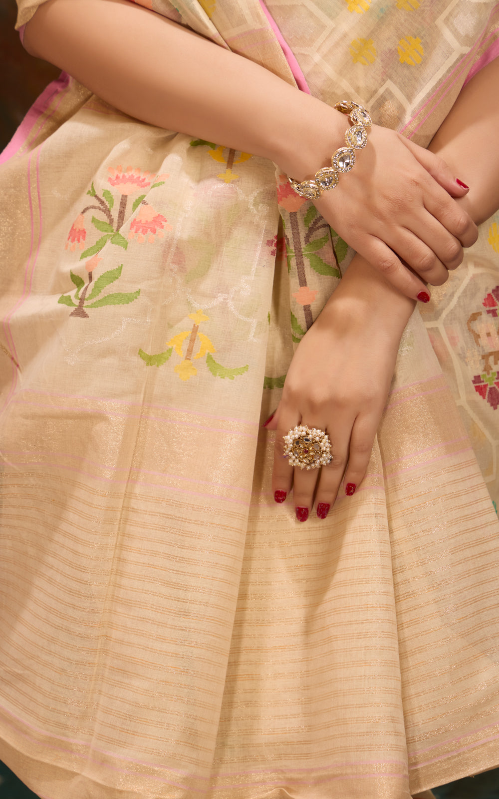 Cream & Pink Real Zari Banarasi Kora Saree With Jandani Weaves