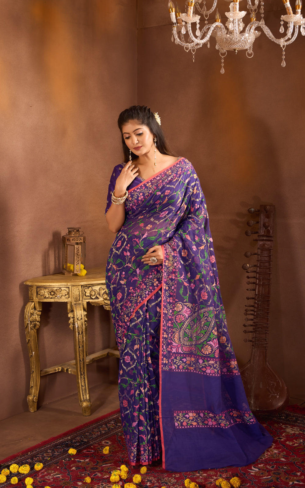 Blue  & Rust Real Zari Banarasi Cotton Saree With Jamdani Weaves