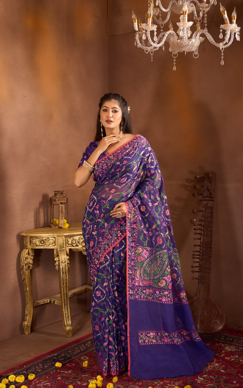 Blue  & Rust Real Zari Banarasi Cotton Saree With Jamdani Weaves