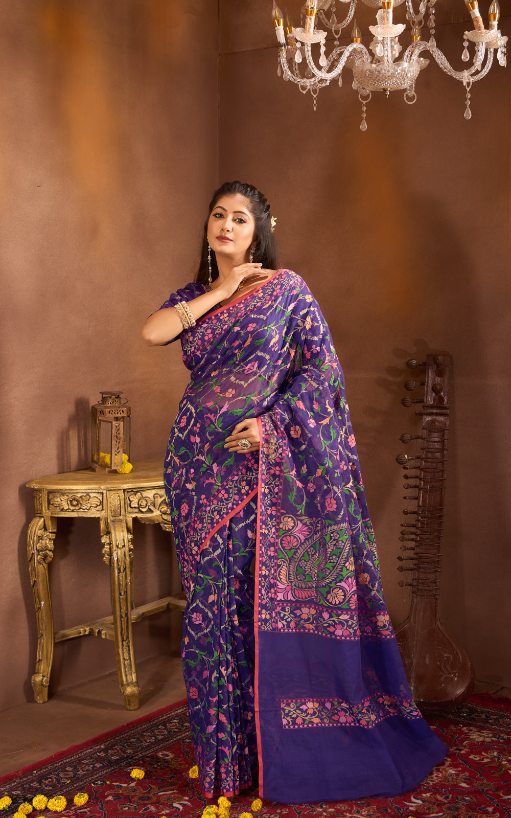 Blue  & Rust Real Zari Banarasi Cotton Saree With Jamdani Weaves
