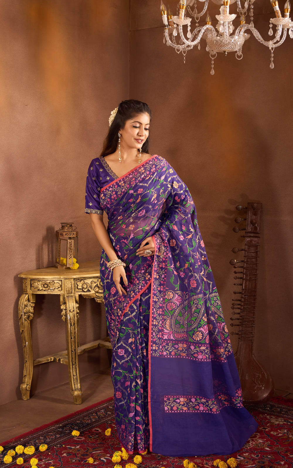 Blue  & Rust Real Zari Banarasi Cotton Saree With Jamdani Weaves