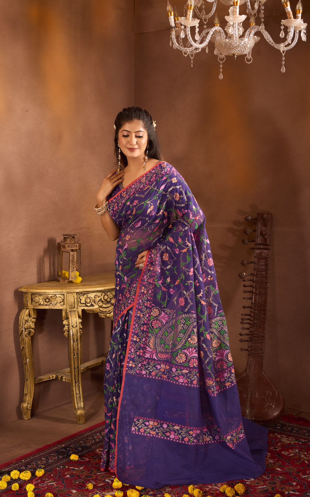 Blue  & Rust Real Zari Banarasi Cotton Saree With Jamdani Weaves