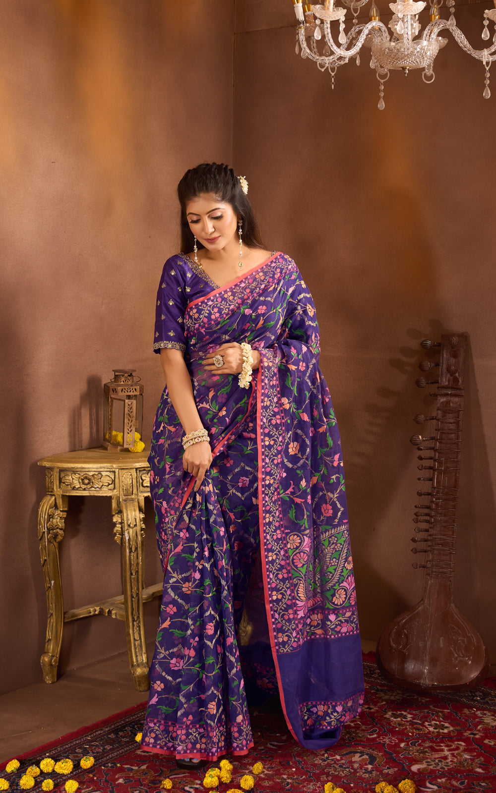 Blue  & Rust Real Zari Banarasi Cotton Saree With Jamdani Weaves