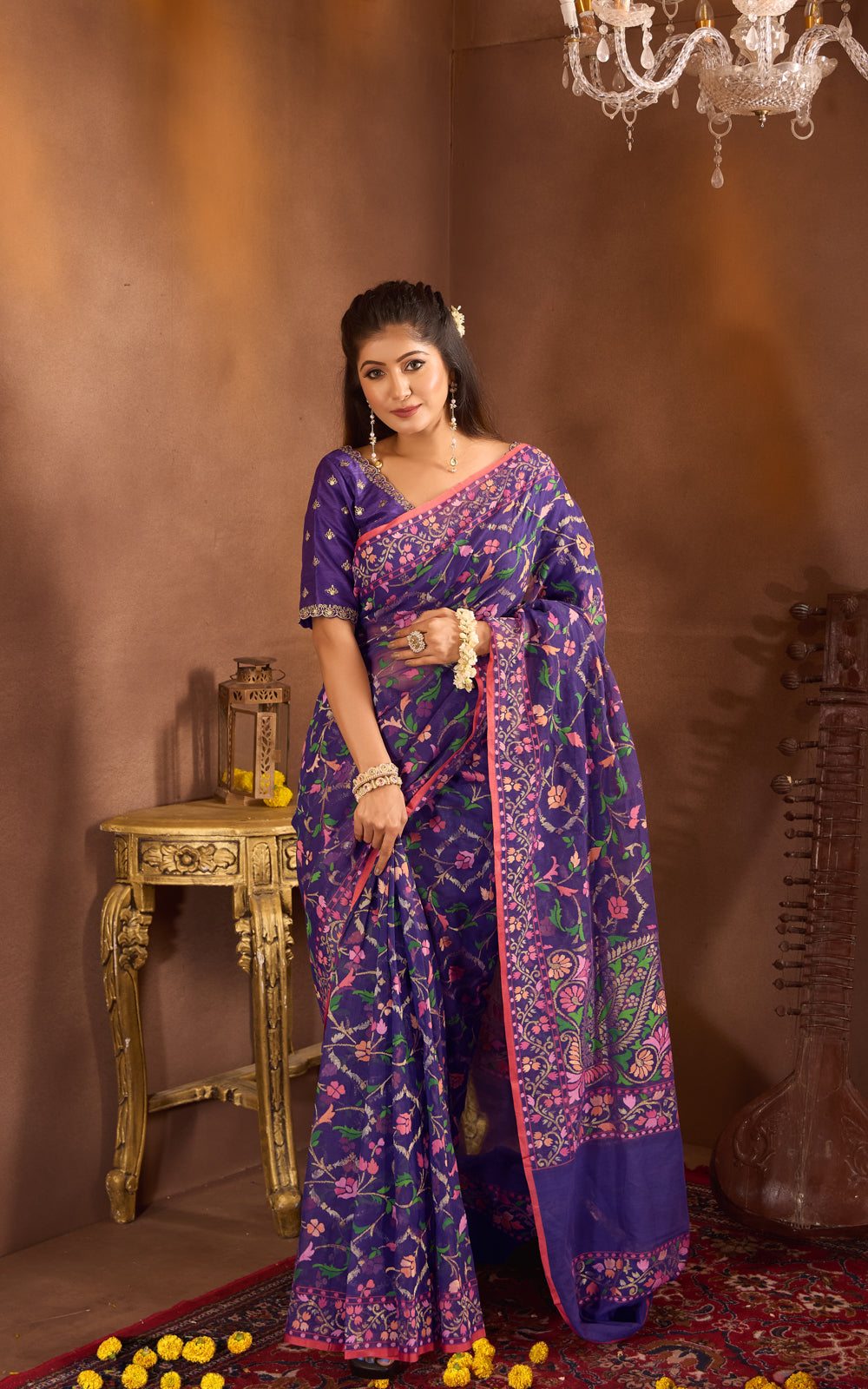Blue  & Rust Real Zari Banarasi Cotton Saree With Jamdani Weaves