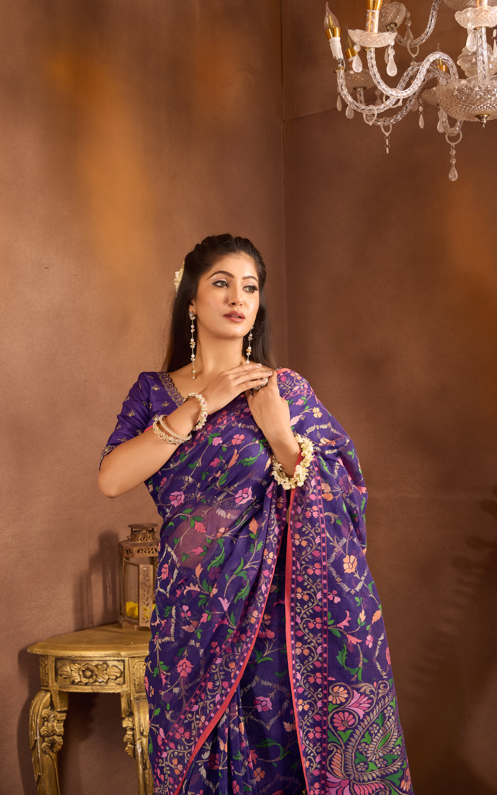 Blue  & Rust Real Zari Banarasi Cotton Saree With Jamdani Weaves