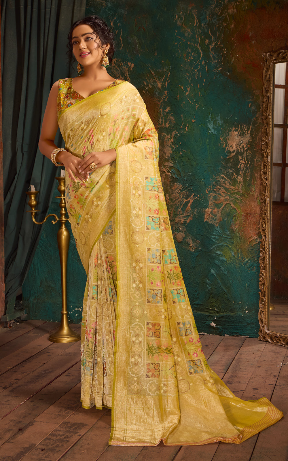 Yellow Real Zari Banarasi Jamdani Cotton Tissue Saree