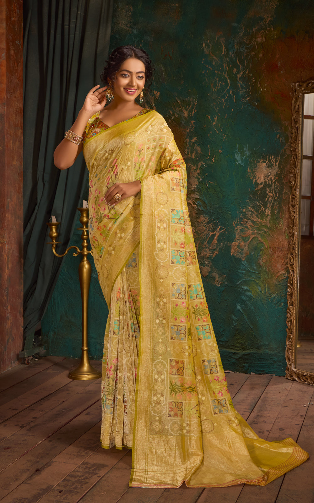 Yellow Real Zari Banarasi Jamdani Cotton Tissue Saree