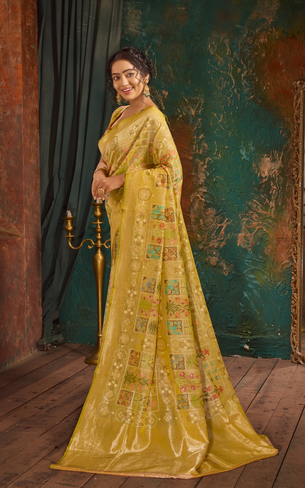 Yellow Real Zari Banarasi Jamdani Cotton Tissue Saree