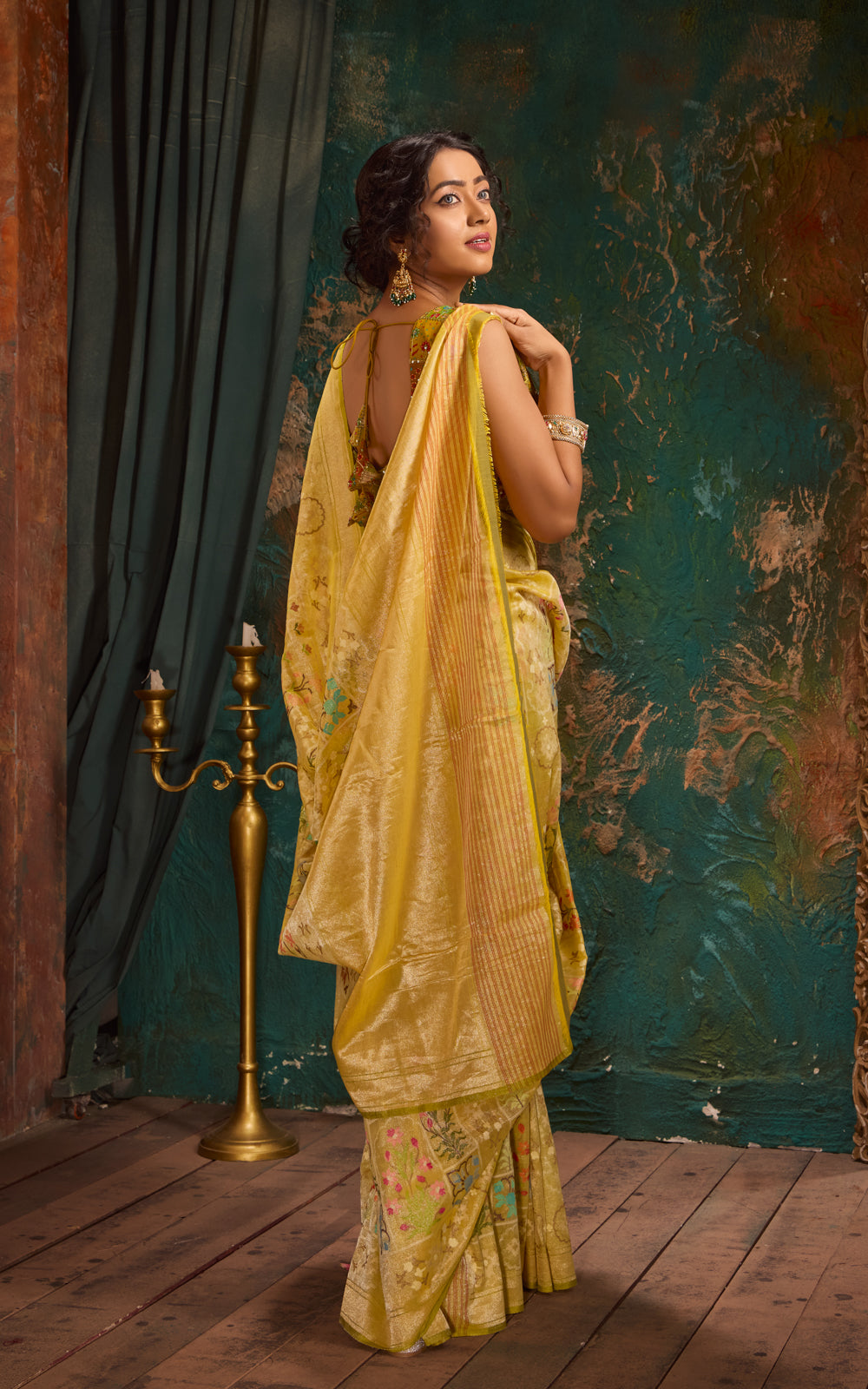 Yellow Real Zari Banarasi Jamdani Cotton Tissue Saree