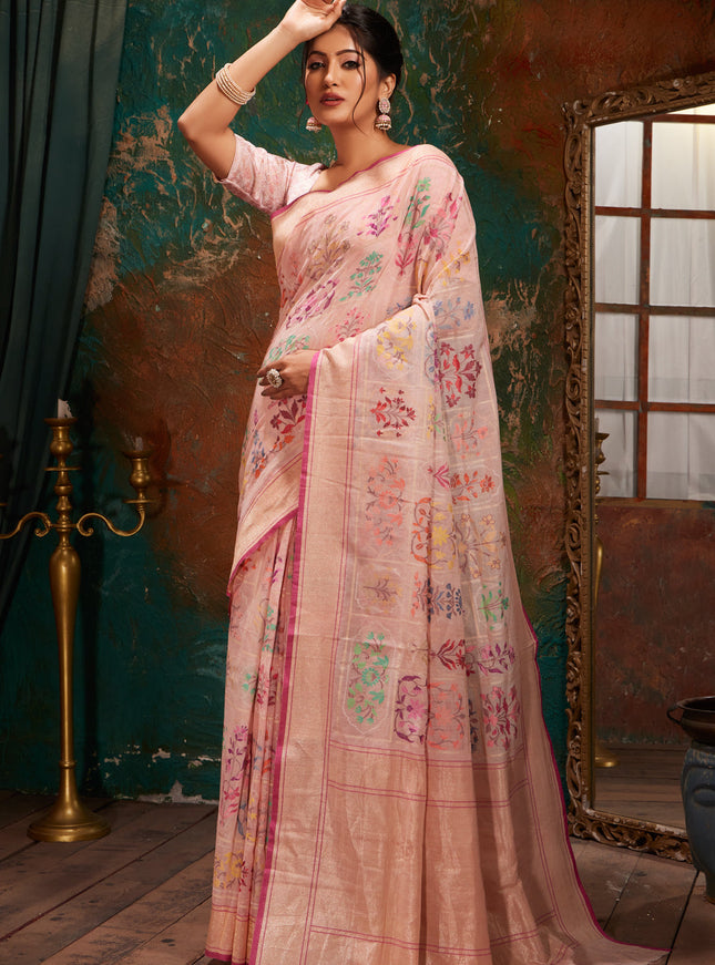 Baby Pink Real Zari Banarasi Cotton Saree With Jamdani Weaves