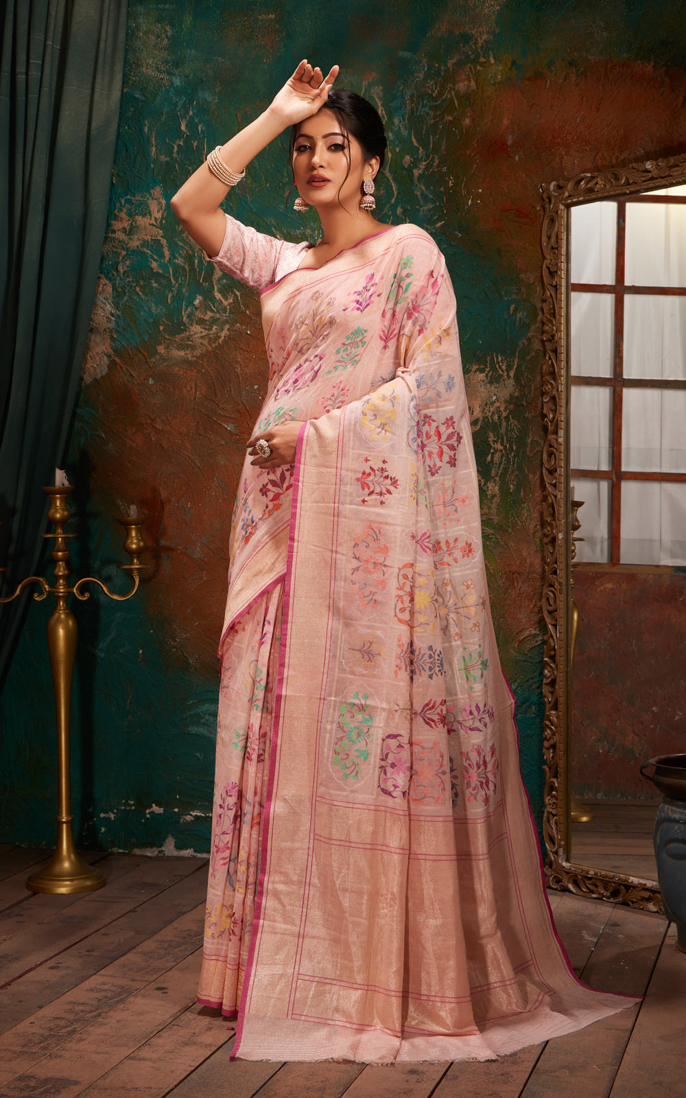 Baby Pink Real Zari Banarasi Cotton Saree With Jamdani Weaves