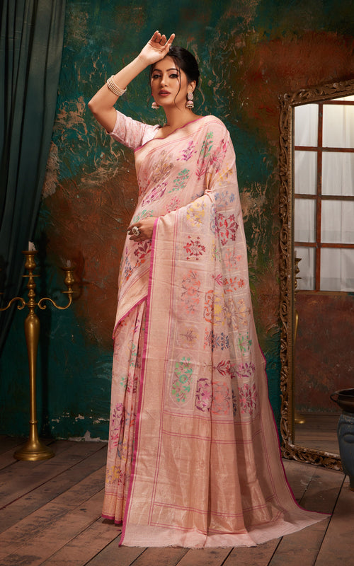 Baby Pink Real Zari Banarasi Cotton Saree With Jamdani Weaves