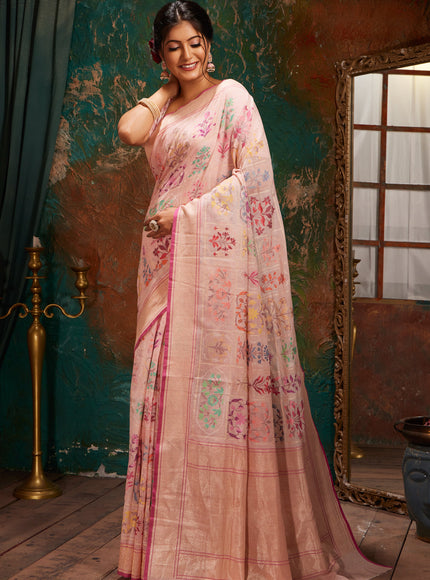 Baby Pink Real Zari Banarasi Cotton Saree With Jamdani Weaves