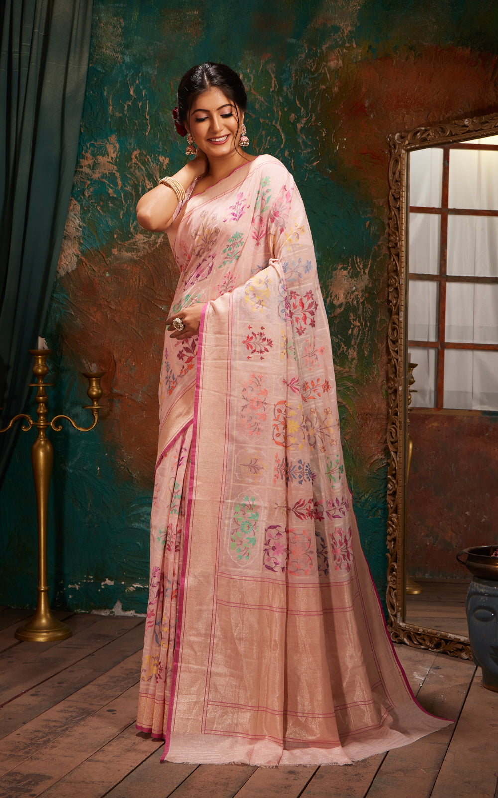 Baby Pink Real Zari Banarasi Cotton Saree With Jamdani Weaves