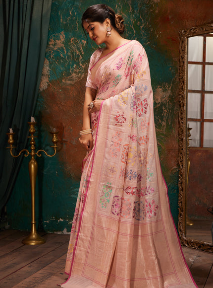 Baby Pink Real Zari Banarasi Cotton Saree With Jamdani Weaves