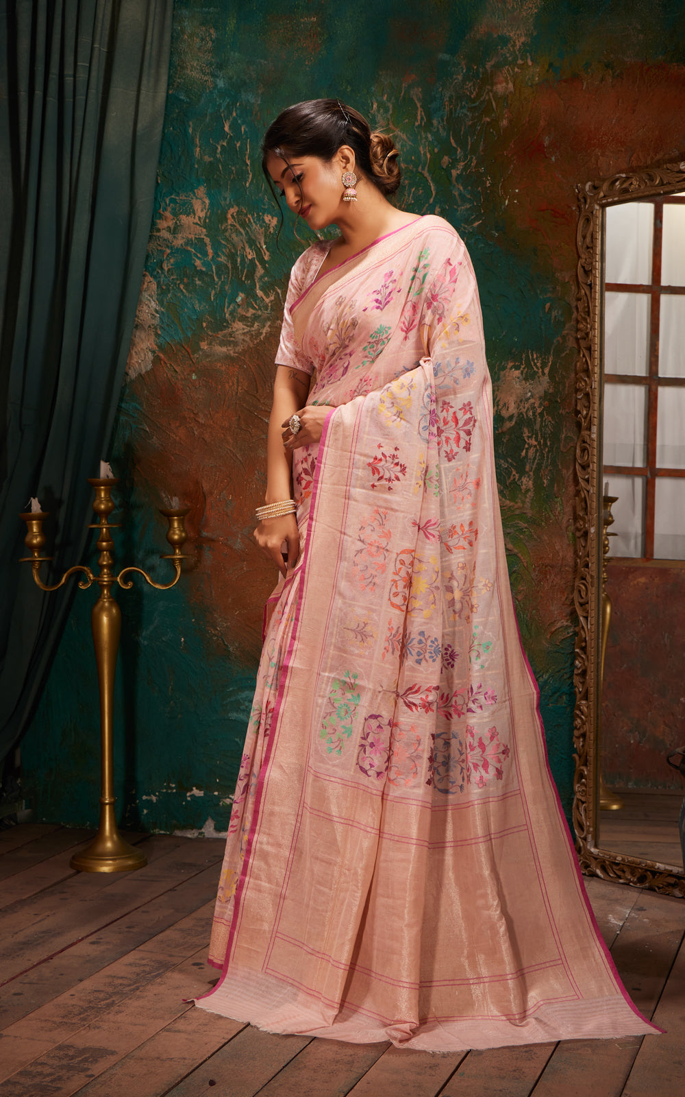 Baby Pink Real Zari Banarasi Cotton Saree With Jamdani Weaves