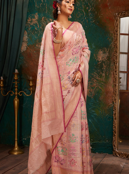 Baby Pink Real Zari Banarasi Cotton Saree With Jamdani Weaves