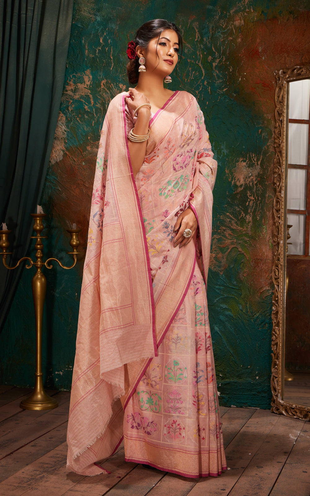 Baby Pink Real Zari Banarasi Cotton Saree With Jamdani Weaves