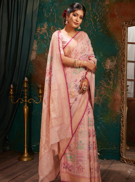 Baby Pink Real Zari Banarasi Cotton Saree With Jamdani Weaves