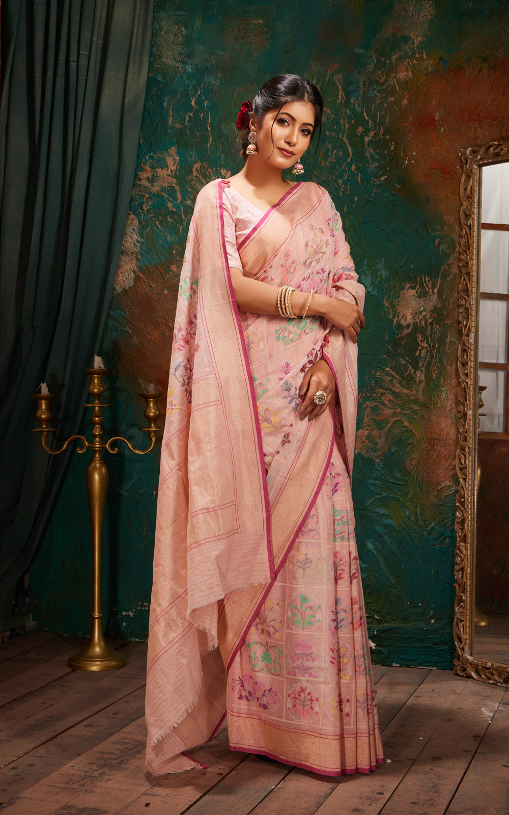 Baby Pink Real Zari Banarasi Cotton Saree With Jamdani Weaves