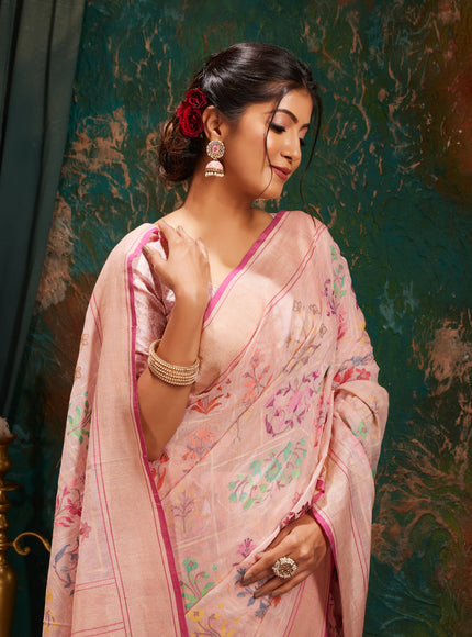 Baby Pink Real Zari Banarasi Cotton Saree With Jamdani Weaves