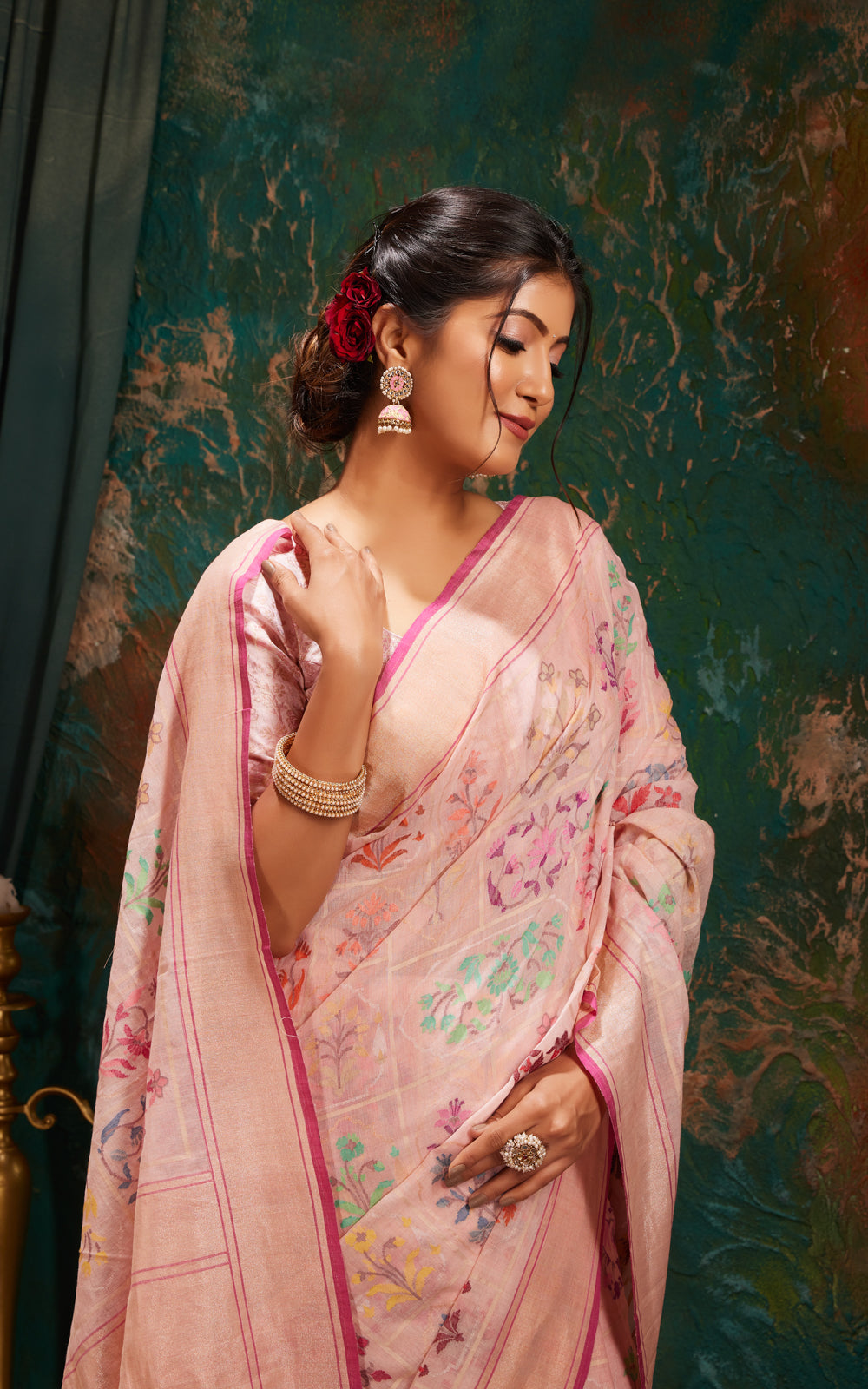 Baby Pink Real Zari Banarasi Cotton Saree With Jamdani Weaves